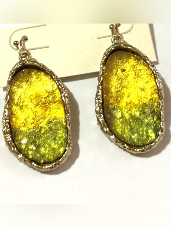 Handmade Jewelry - Yellow-Green Dangle Earrings with Gold Trim